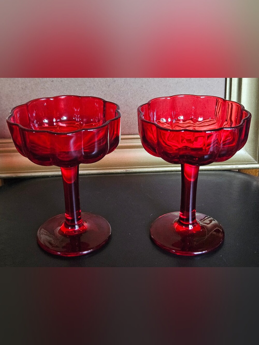 Set Of Bullseye Ruby Red Glass Goblet Compote
